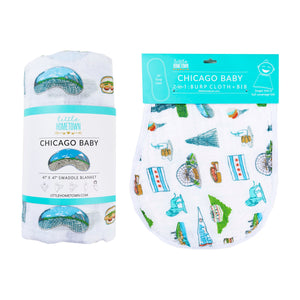 Gift Set: Chicago Baby Muslin Swaddle Blanket and Burp Cloth/Bib Combo by Little Hometown