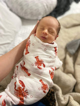 Gift Set: Heads or Tails Crawfish Lobster Baby Muslin Swaddle Blanket and Burp Cloth/Bib Combo by Little Hometown