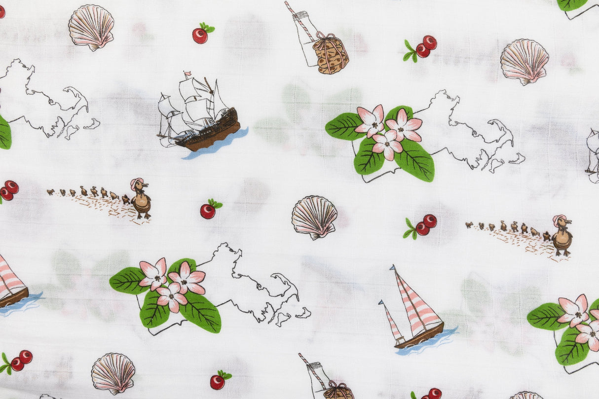 Gift Set: Massachusetts Girl Baby Muslin Swaddle Blanket and Burp Cloth/Bib Combo by Little Hometown