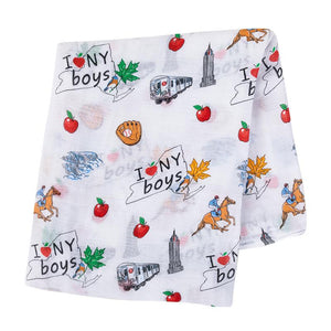 Gift Set: New York Baby Boy Muslin Swaddle Blanket and Burp Cloth/Bib Combo by Little Hometown