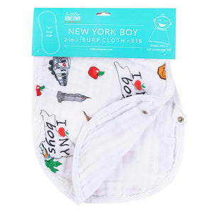 Gift Set: New York Baby Boy Muslin Swaddle Blanket and Burp Cloth/Bib Combo by Little Hometown