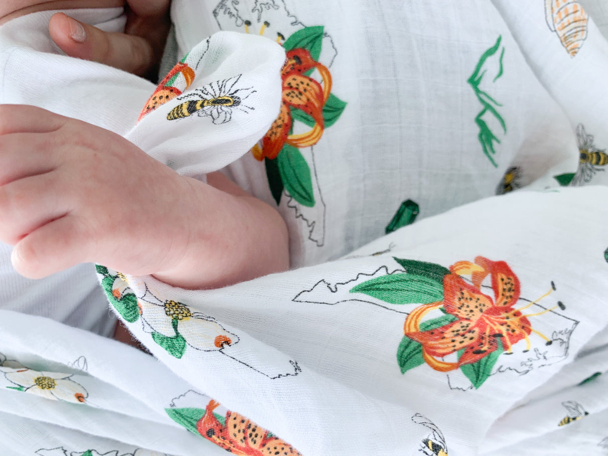 Gift Set: North Carolina Baby Muslin Swaddle Blanket and Burp Cloth/Bib Combo (Floral) by Little Hometown