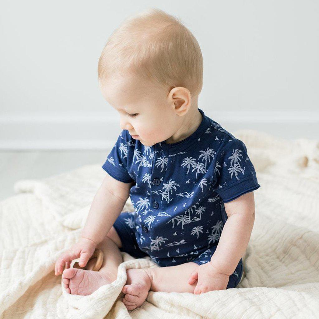 Henley Romper - Vintage Hawaii - White on Indigo  100% Pima Cotton by Feather Baby