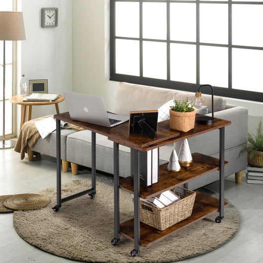 360° Rotating Sofa Side Table with Storage Shelves and Wheels-Rustic Brown