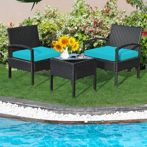 3 Pieces Outdoor Rattan Patio Conversation Set with Seat Cushions-Turquoise