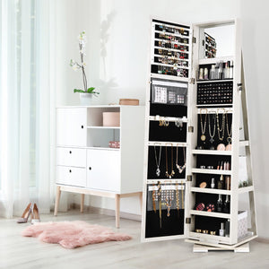 360 ° Rotatable 2-in-1 Lockable Jewelry Cabinet with Full-Length Mirror-White