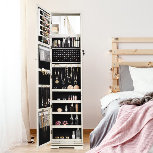 360 ° Rotatable 2-in-1 Lockable Jewelry Cabinet with Full-Length Mirror-White