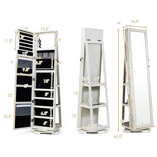 360 ° Rotatable 2-in-1 Lockable Jewelry Cabinet with Full-Length Mirror-White