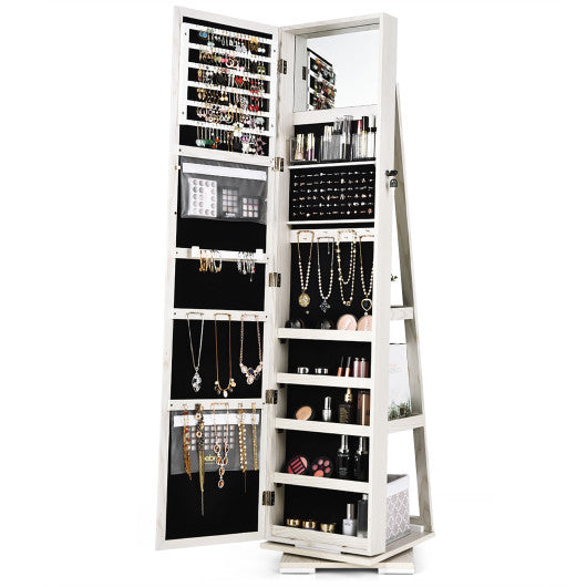 360 ° Rotatable 2-in-1 Lockable Jewelry Cabinet with Full-Length Mirror-White