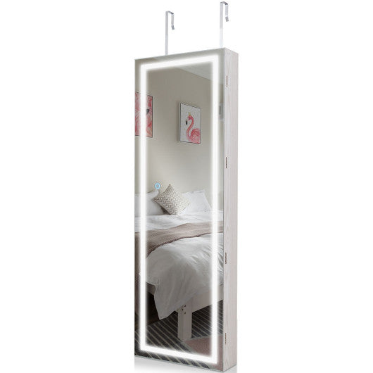 Mirrored Jewelry Armoire with Full Length Mirror and 2 Internal LED Lights-White