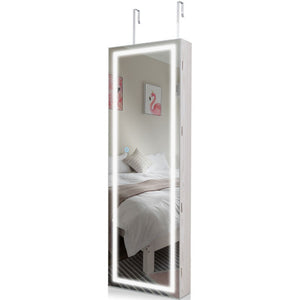 Mirrored Jewelry Armoire with Full Length Mirror and 2 Internal LED Lights-White