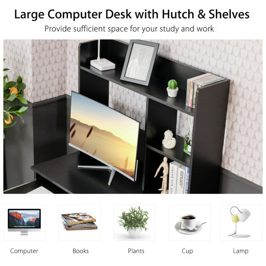 Home Office Computer Desk with Bookcase Keyboard Tray and CPU Stand-Black