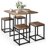 5 Pieces Metal Frame Dining Set with Compact Dining Table and 4 Stools -Walnut
