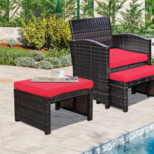 2 Pieces Patio Rattan Ottomans with Soft Cushion for Patio and Garden-Red