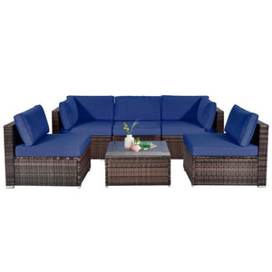 6 Pieces Patio Rattan Furniture Set with Cushions and Glass Coffee Table-Navy