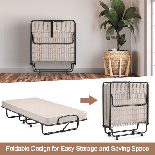 Rollaway Guest Bed with Sturdy Steel Frame and Memory Foam Mattress Made in Italy-Beige