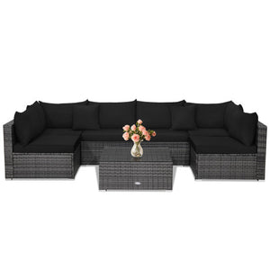 7 Pieces Patio Rattan Furniture Set with Sectional Sofa Cushioned-Black