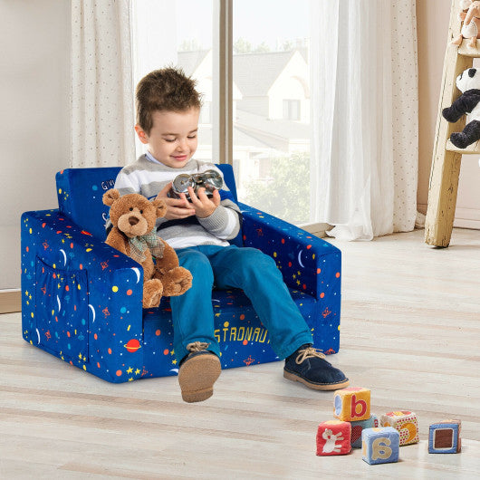 2-in-1 Convertible Kids Sofa with Velvet Fabric-Blue