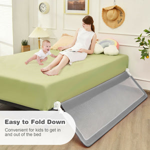 71 Inch Extra Long Swing Down Bed Guardrail with Safety Straps-Gray