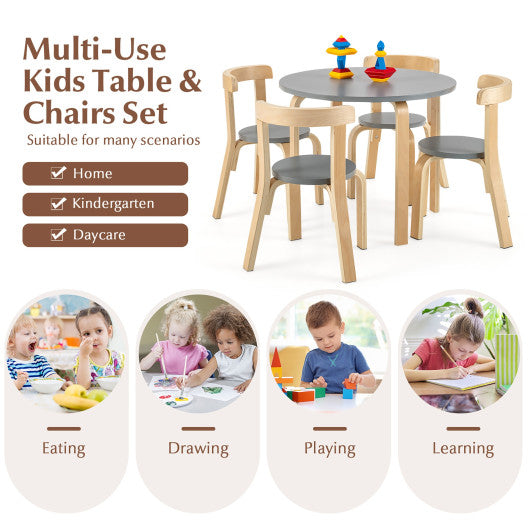 5-Piece Kids Wooden Curved Back Activity Table and Chair Set with Toy Bricks Grey