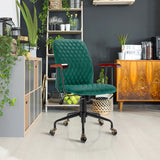 Velvet Home Office Chair with Wooden Armrest Green