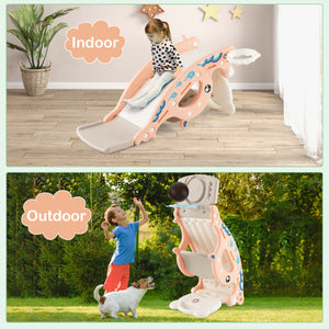 4-in-1 Kids Slide Rocking Horse with Basketball and Ring Toss-Pink