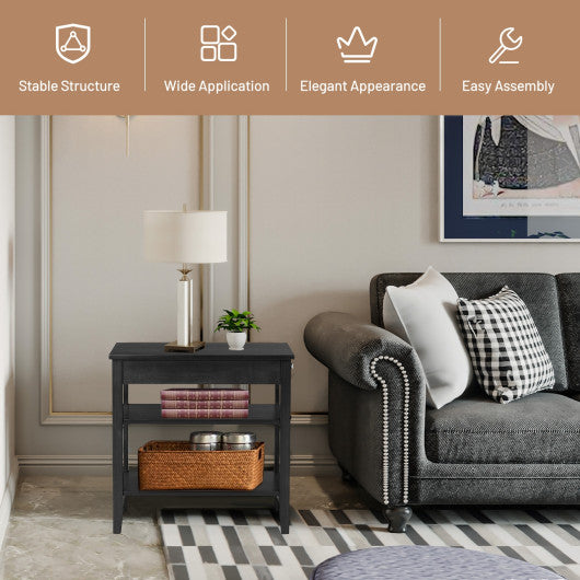 Side End Table with Drawer and 2-Tier Open Storage Shelves for Space Saving-Black