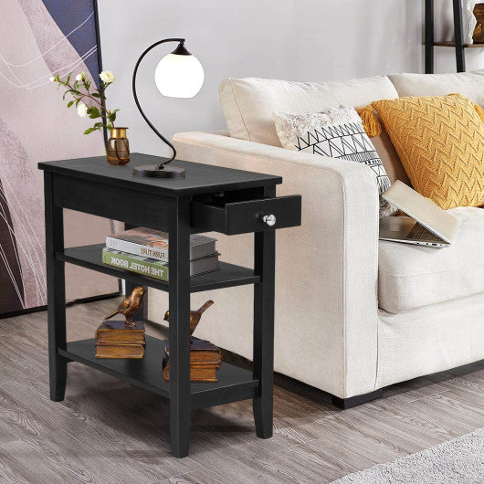 Side End Table with Drawer and 2-Tier Open Storage Shelves for Space Saving-Black