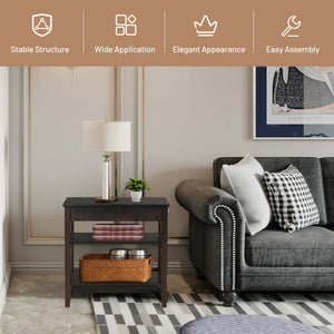 Side End Table with Drawer and 2-Tier Open Storage Shelves for Space Saving-Brown