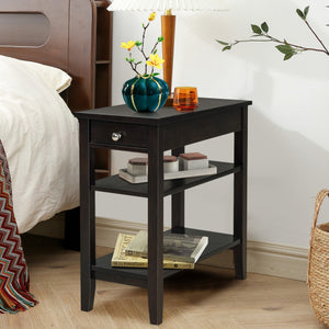 Side End Table with Drawer and 2-Tier Open Storage Shelves for Space Saving-Brown