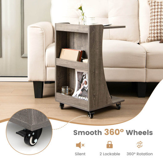 C-shaped Rolling End Side with Back Storage Shelves beside Sofa-Gray