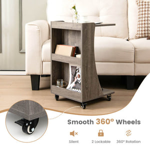 C-shaped Rolling End Side with Back Storage Shelves beside Sofa-Gray