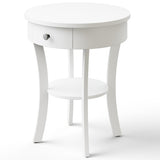 2-Tier Wood Round End Table with Open Drawer-White