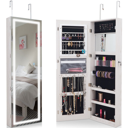 Mirrored Jewelry Armoire with Full Length Mirror and 2 Internal LED Lights-White