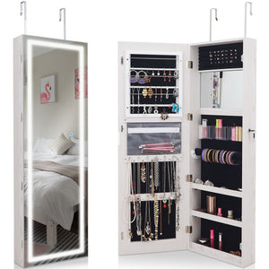 Mirrored Jewelry Armoire with Full Length Mirror and 2 Internal LED Lights-White