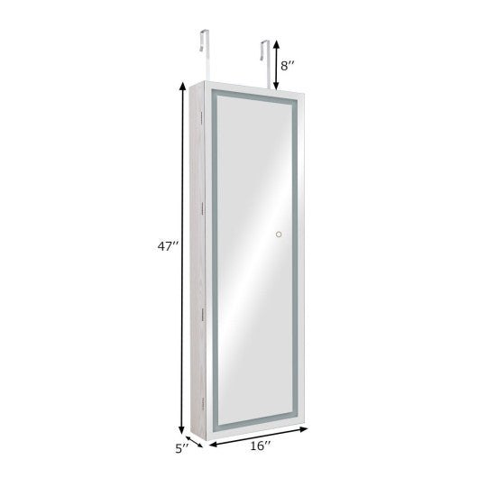 Mirrored Jewelry Armoire with Full Length Mirror and 2 Internal LED Lights-White