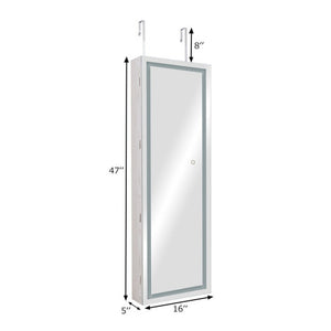 Mirrored Jewelry Armoire with Full Length Mirror and 2 Internal LED Lights-White
