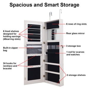 Mirrored Jewelry Armoire with Full Length Mirror and 2 Internal LED Lights-White