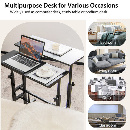 Mobile Stand up Computer Desk with 2 Tilting Desktops-Black