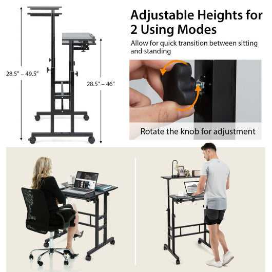 Mobile Stand up Computer Desk with 2 Tilting Desktops-Black