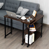 360° Rotating Sofa Side Table with Storage Shelves and Wheels-Walnut