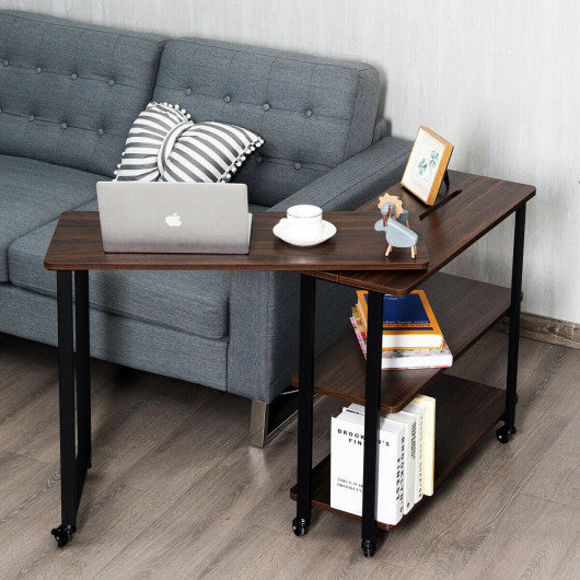 360° Rotating Sofa Side Table with Storage Shelves and Wheels-Walnut