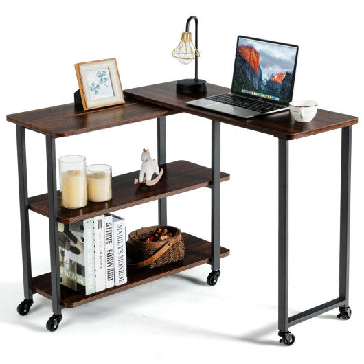 360° Rotating Sofa Side Table with Storage Shelves and Wheels-Walnut