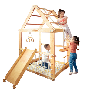 Indoor Wooden Playhouse with Swings and Slide Board