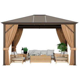 12 x10 Feet Outdoor Hardtop Gazebo with Galvanized Steel Top and Netting-Brown