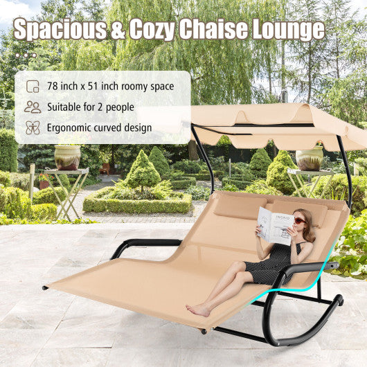 Outdoor 2 Persons Rocking Chaise Lounge with Canopy and Wheels-Beige