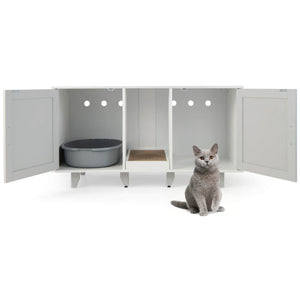 Patented 2-Door Cat Litter Box Enclosure with Winding Entry and Scratching Board-Gray