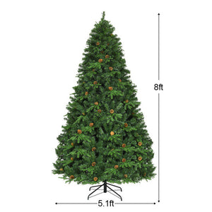Flocked Artificial Christmas Tree with LED Lights and Pine Cones-8'