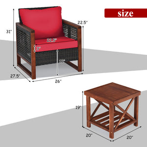 3 Pieces Acacia Wood Patio Furniture Set with Coffee Table-Red