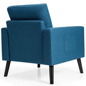 Mid-Century Upholstered Armchair Club Chair with Rubber Wood Legs-Blue